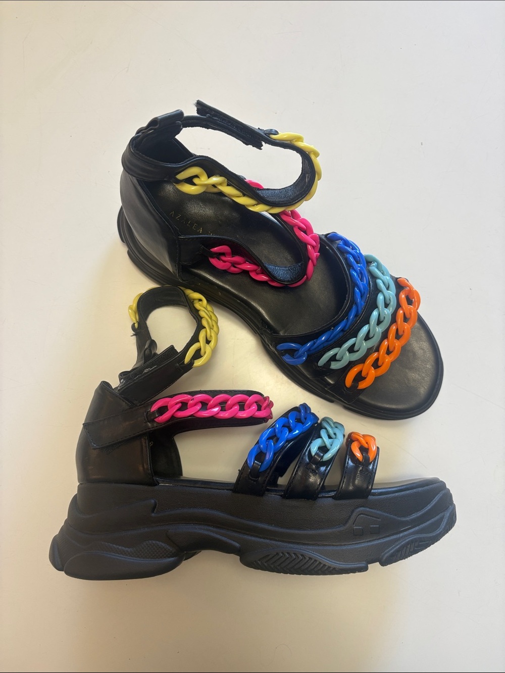 Azalea Wang Black Platform Chain-Strap Sandals with Multicolor Chains (Size 9)